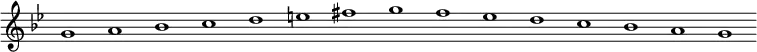 \new Staff {
\relative c'' {
\key g \minor
\override Staff.TimeSignature #'stencil = ##f
\override Staff.BarLine #'stencil = ##f
g1 a bes c d e fis g f es d c bes a g
}
}
\midi {
\context {
\Score
tempoWholesPerMinute = #(ly:make-moment 120 1)
}
}