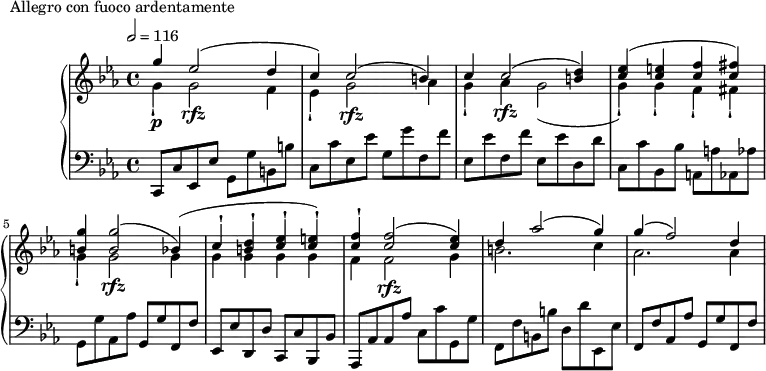 \version "2.18.2"
\header {
tagline = ##f
}
upper = \relative c'' {
\clef treble
\key c \minor
\time 4/4
\tempo 2 = 116
%%Montgeroult — Étude 74 (pdf p. 27)
<< { g'4\p ees2(\rfz d4 c) c2( b4) c c2\rfz( < d b >4) < ees c >( < e c > < f c > < fis c >) < g b, > q2( bes,4) ( c-! < d b >-! < ees c >-! < e c >-!) < f c >4-! q2( < ees c >4) d4 aes'2( g4) g4( f2) d4 }
\\ { g,4-! g2 f4 ees-! g2\rfz aes4 g-! aes g2( g4-!) g-! f-! fis-! g-! g2\rfz g4 g g g g f f2\rfz g4 b2. c4 aes2. aes4 } >>
}
lower = \relative c {
\clef bass
\key c \minor
\time 4/4
c,8 c' ees, ees' g, g' b, b' | c, c' ees, ees' g, g' f, f' | ees, ees' f, f' ees, ees' d, d' |
c,8 c' bes, bes' a, a' aes, aes' | g, g' aes, aes' g, g' f, f' | ees, ees' d, d' c, c' bes, bes' |
aes, aes' aes aes' c, c' g, g' | f, f' b, b' d, d' ees,, ees' | f, f' aes, aes' g, g' f, f' |
}
\header {
piece = "Allegro con fuoco ardentamente"
}
\score {
\new PianoStaff <<
\new Staff = "upper" \upper
\new Staff = "lower" \lower
>>
\layout {
\override TupletBracket.bracket-visibility = ##f
\context {
\Score
%\remove "Metronome_mark_engraver"
}
}
\midi { }
}