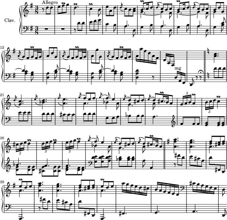 \version "2.18.2"
\header {
tagline = ##f
}
% petites notes
prallFisq = { \tag #'print { fis8\prall } \tag #'midi { g32 fis g fis } }
prallDp = { \tag #'print { d4.\prall } \tag #'midi { e32 d e d~ d8~ d8 } }
prallC = { \tag #'print { c4\prall } \tag #'midi { d32 c d c~ c8 } }
prallA = { \tag #'print { a4\prall } \tag #'midi { a32 b a b a8 } }
prallD = { \tag #'print { d4\prall } \tag #'midi { d32 e d e d8 } }
prallE = { \tag #'print { e4\prall } \tag #'midi { e32 f e f e8 } }
prallF = { \tag #'print { f4\prall } \tag #'midi { f32 g f g f8 } }
prallBqp = { \tag #'print { b8.\prall } \tag #'midi { c32 b c b~ b16 } }
prallEq = { \tag #'print { e8\prall } \tag #'midi { fis32 e fis~ fis } }
prallCqqp = { \tag #'print { c16\prall } \tag #'midi { \times 2/3 { c32 d c } } } % obligation d'enlever le point
prallGqqp = { \tag #'print { g16\prall } \tag #'midi { \times 2/3 { g32 a g } } } % obligation d'enlever le point
prallGisqqp = { \tag #'print { gis16.\prall } \tag #'midi { \times 2/3 { a32 gis a } gis~ gis16 } }
prallCisqqp = { \tag #'print { cis16.\prall } \tag #'midi { \times 2/3 { c32 d c~ } c~ } }
upper = \relative c'' {
\clef treble
\key g \major
\time 3/8
\tempo 4. = 72
\set Staff.midiInstrument = #"harpsichord"
\override TupletBracket.bracket-visibility = ##f
s8*0^\markup{Allegro}
r8 d8 d | e \prallFisq g8 | \prallDp | \prallC b8 | e8 a, d | \acciaccatura d8 c8 b < a c > | \repeat unfold 2 { << { \prallBqp c16 d8 | \acciaccatura d8 c8 b c } \\ { g4.~ | g4 fis8 } >> }
% ms. 11
<< { b8 d g, } \\ { g4 } >> \acciaccatura a8 g8 fis \prallGqqp fis32 g | a8 d g, | \acciaccatura a8 g8 fis \prallGqqp fis32 g |
% ms. 15
a8 g' g, | \acciaccatura a8 g8 fis \prallGqqp fis32 g | a16 a' fis d a fis d a fis s8. | s4. \bar "||" \key c \major < a' c >4. \acciaccatura d8 < g, c >4.
% ms. 22
\acciaccatura e'8 < bes d >4. \acciaccatura f'8 < a, e' >4. << { \acciaccatura g'8 \stemUp f8 e f | \acciaccatura g8 f8 e4 \acciaccatura e8 d8 cis d | \acciaccatura e8 d8 \prallCisqqp b32 \tempo 4. = 40 a8 } \\ { a4. | bes4 a8 | g4. | a8 } >> \tempo 4. = 70 \times 2/3 { g16 a b } \prallA
% ms. 29
\times 2/3 { b16 c d } \prallC | \times 2/3 { cis16 d e } \prallD | \times 2/3 { d16 e f } \prallE | \times 2/3 { e16 f g } \prallF << { \acciaccatura g8 \stemUp f8 e4 | \acciaccatura e8 d8 cis d | \acciaccatura e8 d8 \prallCisqqp b32 a8 } \\ { bes4 a8 | g4. | a8 } >> \bar "||" \key g \major
% ms. 36
\repeat unfold 2 { < a fis' a >4. | < a e' g > | << { < d fis >8 < cis e > < d fis > | \prallEq d e } \\ { a,4. | a4. } >> }
% ms. 44
a'16 g fis e d cis | b a g fis e d \clef bass cis b a g fis e | d8
}
lower = \relative c' {
\clef bass
\key g \major
\time 3/8
\set Staff.midiInstrument = #"harpsichord"
% **************************************
R4.*2 | r8 d8 d | e fis g | c,4 b8 | \repeat unfold 2 { << { \mergeDifferentlyDottedOn a4. s4. } \\ { a4 d,8 | g4 b8 } >> } | << { \mergeDifferentlyDottedOn a4. s4 } \\ { a4 d,8 | g4 } >> \repeat unfold 2 { << { d'8~ d4 s4. } \\ { b8 | < a c >4 < g b >8 < d a' >4 } >> } << { d'8~ d4 s4. } \\ { b8 | < a c >4 < g b >8 < d a' d >4 } >> r8 s8. d16^\markup{mg} a fis d8 \tempo 4. = 50 r8 r8\fermata | \tempo 4. = 72 \key c \major \repeat unfold 3 { f''8 } \repeat unfold 3 { e } \repeat unfold 3 { d } \repeat unfold 3 { cis } \repeat unfold 3 { d } g, g a \repeat unfold 3 { bes } a4. \clef treble \repeat unfold 3 { f'8 } < e g > q q << { bes'4. | a a } \\ { < d, g >8 q q | < cis g' > q q | < d f > q q } >> \clef bass < g, d' e >8 q < a d e > < bes d > q q | a8 \tempo 4. = 40 a,4 | \tempo 4. = 72
% ms. 36
\repeat unfold 2 { \stemDown r8 fis''8 d | e cis a | d \stemUp fis,, d a4. } fis'4. g a | d,8
}
thePianoStaff = \new PianoStaff <<
\set PianoStaff.instrumentName = #"Clav."
\new Staff = "upper" \upper
\new Staff = "lower" \lower
>>
\score {
\keepWithTag #'print \thePianoStaff
\layout {
#(layout-set-staff-size 17)
\context {
\Score
\override SpacingSpanner.common-shortest-duration = #(ly:make-moment 1/2)
\remove "Metronome_mark_engraver"
}
}
}
\score {
\keepWithTag #'midi \thePianoStaff
\midi { }
}