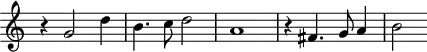 \header {
tagline = ##f
}
\score {
\new Staff \with {
\remove "Time_signature_engraver"
}
<<
\relative c'' {
\key c \major
%\clef bass
\time 2/2
\override TupletBracket #'bracket-visibility = ##f
%%% f° 6v
r4 g2 d'4 b4. c8 d2 a1 r4 fis4. g8 a4 b2
}
>>
\layout {
\context { \Score \remove "Metronome_mark_engraver" }
}
\midi {}
}