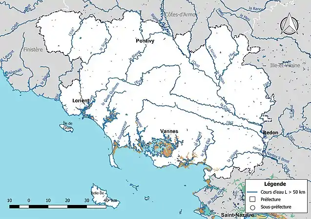 Carte des cours d'eau de longueur supérieure à 50&nbsp;km du Morbihan.
