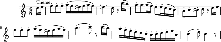 \version "2.18.2"
\header {
tagline = ##f
% composer = ""
% opus = ""
% meter = "Rondo allegro"
}
\score {
<<
\relative c'' {
\key a \minor
\time 6/8
\tempo 4. = 80
\override TupletBracket #'bracket-visibility = ##f
%%%%%% K622
\partial 8 e16^\markup "Thème" f g8-. g-. g-. a16( g fis g a g) f!4. e8 r8 c'16( b) a8-. a-. a16( g) f8-. f16( e d c)
b8-. c-. cis-. d r8
e16 f g8-. g-. g-. a16( g fis g a g) b4.( c8) r8 c16( b) a-. g-. f-. e-. d-. c-. b-. c-. d-. e-. f-. b,-. c4( e8) c4 r8
}
>>
\layout {
#(layout-set-staff-size 17)
\context { \Score \remove "Metronome_mark_engraver"
\override SpacingSpanner.common-shortest-duration = #(ly:make-moment 1/2)
}
}
\midi { \set Staff.midiInstrument = #"clarinet" }
}