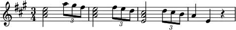 \header {
tagline = ##f
}
\score {
\new Staff \with {
}
<<
\relative c'' {
\key a \major
\time 3/4
\override TupletBracket #'bracket-visibility = ##f
%\autoBeamOff
%%%%%%%%%%%%%%%%%%%%%%%%%% K15i
< e cis a >2 \times 2/3 { a8 gis fis } < e cis a >2 \times 2/3 { fis8 e d } < cis a e >2 \times 2/3 { d8 cis b } a4 e r4
}
>>
\layout {
\context {
\remove "Metronome_mark_engraver"
}
}
\midi {}
}