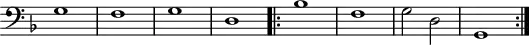 
\version "2.14.2"
\header {
  tagline = ##f
}

\score {
  \new Staff \with {
    \remove "Time_signature_engraver"

  }
<<
  \relative c' {
    \key f \major
    \clef bass
    \time 2/2
    \tempo 2 = 80
    \override TupletBracket #'bracket-visibility = ##f 
    \autoBeamOff
    \set Staff.midiInstrument = #"harpsichord"

     %%%%%%%% Passamezzo antico

     g1 f g d
     \repeat volta 2 { bes'1 f g2 d g,1 }

  }
>>
  \layout {
    \context { \Score \remove "Metronome_mark_engraver" }
    \context {
      \remove "Metronome_mark_engraver"
    }
  }
  \midi {}
}

