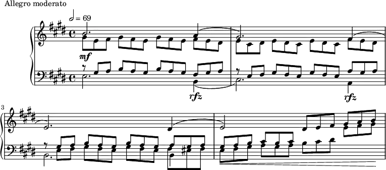 \version "2.18.2"
\header {
tagline = ##f
}
upper = \relative c'' {
\clef treble
\key e \major
\time 4/4
\tempo 2 = 69
\override TupletBracket.bracket-visibility = ##f
%%Montgeroult — Étude 75 (pdf p. 35)
<< { b2.\mf a4( gis2.) fis4( e2.) dis4( e2) \tuplet 3/2 { dis8 e fis } \tuplet 3/2 { gis a b } } \\ { \tuplet 3/2 { gis8 e fis } \repeat unfold 2 { \tuplet 3/2 { gis fis e }} \tuplet 3/2 { fis e dis } | \tuplet 3/2 { e cis dis } \repeat unfold 2 { \tuplet 3/2 { e dis cis }} \tuplet 3/2 { fis e dis } } >>
}
lower = \relative c {
\clef bass
\key e \major
\time 4/4
<< { \tuplet 3/2 { r8 gis'8 a } \repeat unfold 2 { \tuplet 3/2 { b a gis }} \tuplet 3/2 { fis gis a } | \tuplet 3/2 { r8 e fis } \repeat unfold 2 { \tuplet 3/2 { gis fis e }} \tuplet 3/2 { a gis a } } \\ { e2. b4(\rfz cis2.) a4\rfz } >>
<< { \tuplet 3/2 { r8 gis'8 a } \repeat unfold 2 { \tuplet 3/2 { b a gis }} \tuplet 3/2 { a gis a } | } \\ { b,2. b4 } \\ { \tuplet 3/2 { \stemDown s8 e fis } \repeat unfold 2 { \tuplet 3/2 { gis fis e }} \tuplet 3/2 { fis eis fis } } >>
<< { \tuplet 3/2 { gis8_\< a b } \tuplet 3/2 { cis b cis } s4 \change Staff = "upper" \tuplet 3/2 { \stemDown e8 fis gis\! } } \\ { \tuplet 3/2 { e, fis gis } \tuplet 3/2 { a gis a } \tuplet 3/2 { b cis dis } } >>
}
\header {
piece = "Allegro moderato"
}
\score {
\new PianoStaff <<
\new Staff = "upper" \upper
\new Staff = "lower" \lower
>>
\layout {
\override TupletBracket.bracket-visibility = ##f
\context {
\Score
%\remove "Metronome_mark_engraver"
\omit TupletNumber
}
}
\midi { }
}