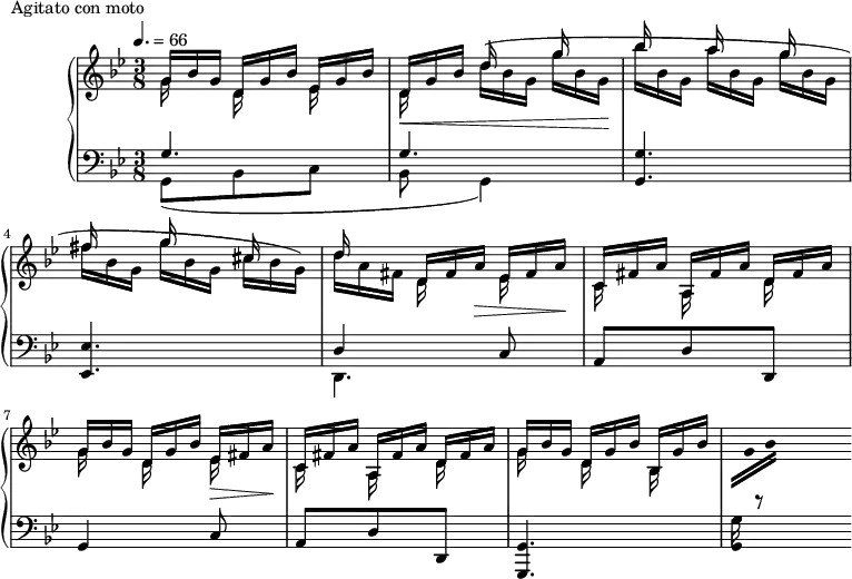 
\version "2.18.2"
\header {
  tagline = ##f
}
upper = \relative c'' {
  \clef treble 
  \key g \minor
  \time 3/8
  \tempo 4. = 66
  %\autoBeamOff
  \override TupletBracket.bracket-visibility = ##f

   %%Montgeroult — Étude 92 (pdf p. 114)
   
    << { \omit TupletNumber \tuplet 3/2 { g16[ bes g]  d[ g bes] ees,[ g bes] | d,[ g bes] } d s16  g16 s16 } \\ { g,16 s16 d16 s16 ees16 s16 d16\< s16 \omit TupletNumber \tuplet 3/2 { d'16[^( bes g] g' bes, g\! } } >>
    << { bes'16 s16 a16 s16 g16 s16 | fis16 s16 g16 s16 cis,16 s16 } \\ { \tuplet 3/2 { bes'16[ bes, g] a'[ bes, g] g'[ bes, g] fis'16[ bes, g] g'16[ bes, g] cis16[ bes g]) } } >>

    << { d'16 s16 \tuplet 3/2 { d,16[ fis a]\> ees[ fis a]\! | c,[ fis a] a,[ fis' a] d, fis a } } \\ { \tuplet 3/2 { d16[ a fis] } d16 s16  ees16 s16 c16 s16  a16 s16 d16 s16 } >>

    \relative c''
    << { \tuplet 3/2 { g16 bes g  d[ g bes] ees,\> fis a\! c,[ fis a] a, fis' a d,[ fis a] } } \\ { g16 s16 d16 s16 ees16 s16 c16 s16 a16 s16 d16 s16 } >>
    << { \tuplet 3/2 { g16 bes g  d[ g bes] bes, g' bes } } \\ { g16 s16 d16 s16 bes16 s16  \tuplet 3/2 { \change Staff = "lower" g16 \change Staff = "upper" \stemUp g'16 bes } } >>

}

lower = \relative c {
  \clef bass
  \key g \minor
  \time 3/8

    << { g'4. g4. } \\ { g,8( bes c bes g4) } >>
    < g' g, >4. < ees ees, >
    << { d4 c8( a d d, } \\ { d4. } >>
    g4 c8( a d d, < g g, >4.~ << { \stemDown g'16 r8 } \\ { \stemDown g,4 } >>
 
}

  \header {
    piece = "Agitato con moto"
  }

\score {
  \new PianoStaff <<
    \new Staff = "upper" \upper
    \new Staff = "lower" \lower
  >>
  \layout {
    \override TupletBracket.bracket-visibility = ##f
    \context {
      \Score
      %\remove "Metronome_mark_engraver"
    }
  }
  \midi { }
}

