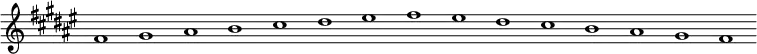 \new Staff {
\relative c' {
\key fis \major
\override Staff.TimeSignature #'stencil = ##f
\override Staff.BarLine #'stencil = ##f
fis1 gis ais b cis dis eis fis eis dis cis b ais gis fis
}
}
\midi {
\context {
\Score
tempoWholesPerMinute = #(ly:make-moment 120 1)
}
}