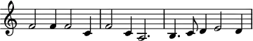 \header {
tagline = ##f
}
\score {
\new Staff \with {
\remove "Time_signature_engraver"
}
<<
\relative c' {
\key c \major
%\clef bass
\time 3/2
\override TupletBracket #'bracket-visibility = ##f
%%% f° 67
f2 f4 f2 c4 f2 c4 a2. b4. c8 d4 e2 d4
}
>>
\layout {
\context { \Score \remove "Metronome_mark_engraver" }
}
\midi {}
}