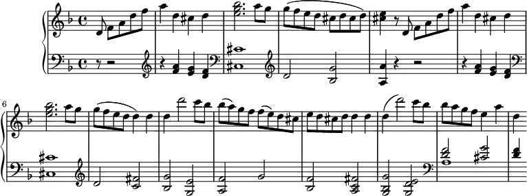 \version "2.18.2"
\header {
tagline = ##f
}
Theme = { d8 f a d f a4 d, cis d < bes' g e >2. a8 g g( f e d }
upper = \relative c' {
\clef treble
\key d \minor
\time 4/4
\tempo 2 = 140
%%Mozart — Concerto 20 mvt 3, th. 1
\partial 8*5 \Theme cis d cis d) < e cis >4 r8 \relative c' \Theme d4) d d d'2 c8 bes bes( a) g f f( e) d cis e d cis d d4 d d( d'2) c8 bes bes( a g f e4 a d,
}
lower = \relative c {
\clef bass
\key d \minor
\time 4/4
r8 r2 \clef treble r4 < a'' f >4 < g e > < f d > \clef bass < cis cis,>1 \clef treble d2 < g bes, > < a a, >4 r4 r2 r4 < a f >4 < g e > < f d >
\clef bass < cis cis,>1 \clef treble d2 < fis c >2 < g bes, > < e g, > < f a, > g2 < f bes, > < fis c a > < g bes, g > < e d g, >
\clef bass << { < f d >2 < g cis, > < f d >4 } \\ { a,1 } >>
}
\score {
\new PianoStaff <<
\new Staff = "upper" \upper
\new Staff = "lower" \lower
>>
\layout {
\context {
\Score
\remove "Metronome_mark_engraver"
}
}
\midi { }
}