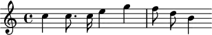 \header {
tagline = ##f
}
\score {
\new Staff \with {
}
<<
\relative c'' {
\key c \major
\time 4/4
\override TupletBracket #'bracket-visibility = ##f
\autoBeamOff
%%%%%%%%%%%%%%%%%%%%%%%%%% K21
c4 c8. c16 e4 g f8 d b4
}
>>
\layout {
\context {
\remove "Metronome_mark_engraver"
}
}
\midi {}
}