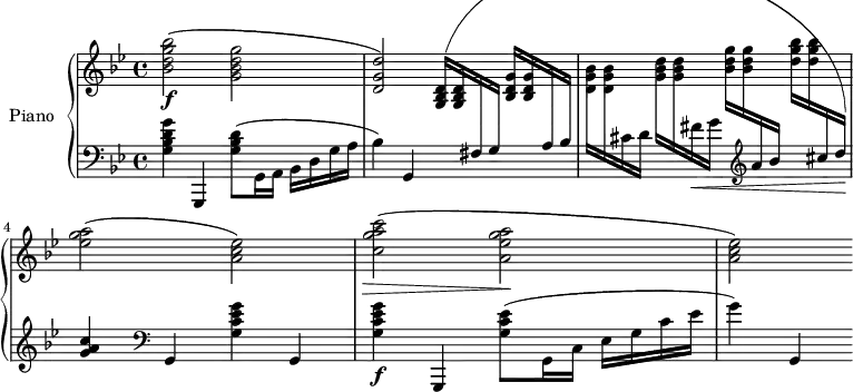 \version "2.14.2"
\header {
tagline = ##f
}
upper = \relative c'' {
\clef treble
\key bes \major
\time 4/4
\tempo 4 = 126
%\autoBeamOff
< bes' g d bes>2\f( < g d bes g > < d g, d >)
\repeat unfold 2 { < d, bes g >16^( }
\dynamicUp \change Staff = "lower" fis,16 g
\change Staff = "upper" \repeat unfold 2 { < g' d bes >16 }
\dynamicUp \change Staff = "lower" a, bes
\change Staff = "upper" \repeat unfold 2 { < bes' g d >16 }
\dynamicUp \change Staff = "lower" cis, d\!
\change Staff = "upper" \repeat unfold 2 { < d' bes g >16 }
\dynamicUp \change Staff = "lower" fis,_\< g
\change Staff = "upper" \repeat unfold 2 { < g' d bes >16 }
\dynamicUp \change Staff = "lower" \clef treble a, bes
\change Staff = "upper" \repeat unfold 2 { < bes' g d >16 }
\dynamicUp \change Staff = "lower" \clef treble cis, d)\!
\change Staff = "upper" < a' g ees >2( < ees c a >)
< c' a g c, >2_\>( < a g ees a, >\! < ees c a >)
}
lower = \relative c' {
\clef bass
\key bes \major
\time 4/4
< g' d bes g >4 g,,, < d''' bes g >8( g,,16 a bes d g a bes4)
g,4 s2 s1
\clef treble < c'' a g >4 \clef bass g,, < g'' ees c g > g,, < g'' ees c g >\f g,,,
< ees''' c g >8( g,,16 c ees g c ees g4) g,,
}
\score {
\new PianoStaff <<
\set PianoStaff.instrumentName = #"Piano"
\new Staff = "upper" \upper
\new Staff = "lower" \lower
>>
\layout {
\context {
\Score
\remove "Metronome_mark_engraver"
}
}
\midi { }
}