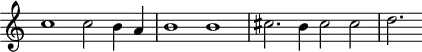 \header {
tagline = ##f
}
\score {
\new Staff \with {
\remove "Time_signature_engraver"
}
<<
\relative c'' {
\key c \major
%\clef bass
\time 2/1
\override TupletBracket #'bracket-visibility = ##f
%%% f° 4
c1 c2 b4 a b1 b cis2. b4 cis2 cis d2.
}
>>
\layout {
\context { \Score \remove "Metronome_mark_engraver" }
}
\midi {}
}