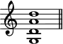 \header {
tagline = ##f
}
\score {
\new Staff \with {
\remove "Time_signature_engraver"
}
\relative c'' {
\key c \major
\time 9/1
\tempo 1 = 60
\autoBeamOff
\clef treble
\override Rest #'style = #'classical
<< g,1 d' a' d >>
\bar "||"
}
\layout {
\context {
\Score
\remove "Metronome_mark_engraver"
}
}
\midi {}
}