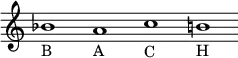 \version "2.18.2"
\header {
tagline = ##f
}
\new Staff {
\relative c'' {
\override Staff.TimeSignature #'stencil = ##f
\override Staff.BarLine #'stencil = ##f
bes1-B a1-A c1-C b!1-H
}
}
\midi {
\context {
\Score
tempoWholesPerMinute = #(ly:make-moment 60 1)
}
}
