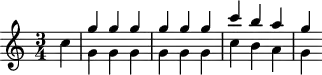 \header {
tagline = ##f
}
\score {
\new Staff \with {
}
<<
\relative c'' {
\key c \major
\time 3/4
\override TupletBracket #'bracket-visibility = ##f
%\autoBeamOff
%%%%%%%%%%%%%%%%%%%%%%%%%% K61g II
\partial 4 c4
<< { g' g g g g g c b a g } \\ { g,4 g g g g g c b a g } >>
}
>>
\layout {
\context {
\remove "Metronome_mark_engraver"
}
}
\midi {}
}