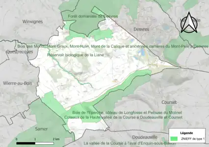 Carte des ZNIEFF de type 1 sur la commune.
