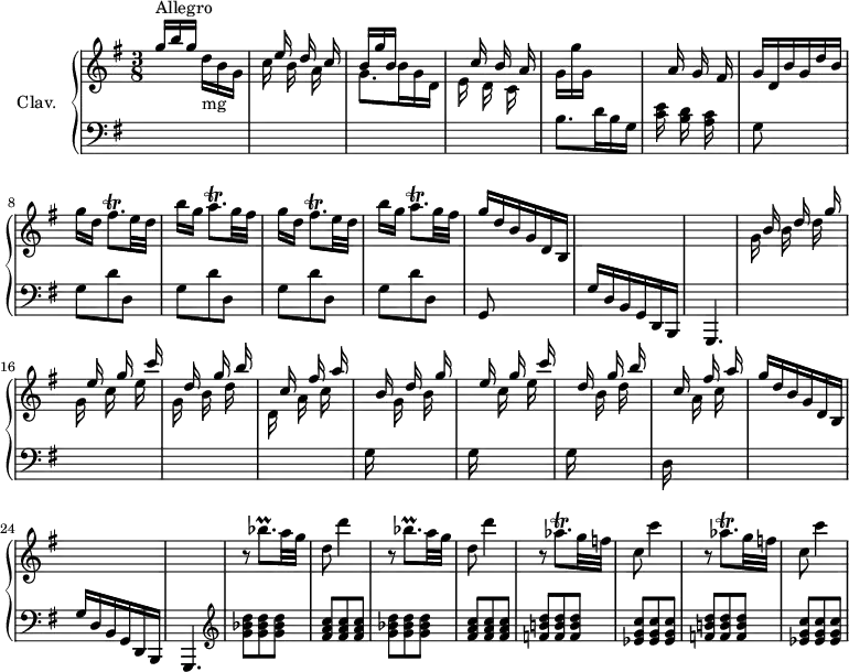
\version "2.18.2"
\header {
  tagline = ##f
}

%% les petites notes
trillFis     = { \tag #'print { fis8.\trill } \tag #'midi {  g32 fis g fis~ fis16 } }
trillA       = { \tag #'print { a8.\trill } \tag #'midi {  b32 a b a~ a16 } }
trillAes     = { \tag #'print { aes8.\trill } \tag #'midi {  a32 aes a aes~ aes16 } }
trillBes     = { \tag #'print { bes''8.\prall } \tag #'midi {  c32 bes c bes~ bes16 } }
cMuet        = { \tag #'print { c8 } \tag #'midi {  s8 } }

upper = \relative c'' {
  \clef treble 
  \key g \major
  \time 3/8
  \tempo 4. = 60
  \set Staff.midiInstrument = #"harpsichord"

   \stemUp g'16^\markup{Allegro} b g  \stemDown d-\markup{mg}[ b g] | << { s16 e'16 s16 d16 s16 c16 | b g' b, s8. | s16 c16 s16 b16 s16 a16 } \\ { c16 s16 b16 s16 a16 s16 | g8. b16 g d | e s16 d16 s16 c16 s16 } >> | g'16 g' g, s8. | \stemNeutral s16 a16 s16 g16 s16 fis16 | 
   % ms. 7
   g16 d b' g d' b | \repeat unfold 2 { g'[ d] \trillFis e32 d | b'16[ g] \trillA g32 fis } | g16 d b g d b | s4. s4.
   << { \repeat unfold 2 { s16 b'16 s16 d16 s16 g16 | s16 e16 s16 g16 s16 c16 | s16 d,16 s16 g16 s16 b16 | s16 c,16 s16 fis16 s16 a16 } } \\ { g,16 s16 b16 s16 d16 s16 | g,16 s16 c16 s16 e16 s16 | g,16 s16 b16 s16 d16 s16 | d,16 s16 a'16 s16 c16 s16 | s8 g16 s16 b s16 | s8 c16 s16 e s16 | s8 b16 s16 d s16 | s8 a16 s16 c s16 } >> g'16 d b g d b | s4. | s4.

   % ms. 26
   \repeat unfold 2 { r8 \trillBes a32 g | d8 d'4 } | \repeat unfold 2 { r8 \trillAes g32 f! | \cMuet c'4 }

}

lower = \relative c' {
  \clef bass
  \key g \major
  \time 3/8
  \omit Staff.TimeSignature
  \set Staff.midiInstrument = #"harpsichord"

    % **************************************
   s4.*4 b8. d16 b g | < c e >16 s16 < b d >16 s16 < a c >16 s16 | 
   % ms. 7
   g8 s4 | \repeat unfold 4 { g8 d' d, } | g,8 s4 | g'16 d b g d b | g4. | s4.*4
   % ms. 19
   \repeat unfold 3 { g''16 s16 s16 s8. } | d16 s16 s16 s8. | s4. | g16 d b g d b | g4.

   % ms. 26
     
     \clef treble \relative c'' \repeat unfold 2 { < g bes d >8-\tweak stencil ##f \p q q | < fis a c >8 q q } | \relative c' \repeat unfold 2 { < f b! d >8 < f b d > q | < ees g c >8 q q }

} 

thePianoStaff = \new PianoStaff <<
    \set PianoStaff.instrumentName = #"Clav."
    \new Staff = "upper" \upper
    \new Staff = "lower" \lower
  >>

\score {
  \keepWithTag #'print \thePianoStaff
  \layout {
      #(layout-set-staff-size 17)
    \context {
      \Score
     \override SpacingSpanner.common-shortest-duration = #(ly:make-moment 1/2)
      \remove "Metronome_mark_engraver"
    }
  }
}

\score {
  \keepWithTag #'midi \thePianoStaff
  \midi { }
}
