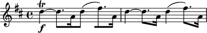 
\header {
  tagline = ##f
}

\score {
  \new Staff \with {

  }
<<
  \relative c'' {
    \key d \major
    \time 4/4
    \override TupletBracket #'bracket-visibility = ##f 
    \autoBeamOff

     %%%%%%%%%%%%%%%%%%%%%%%%%% K19
     d4\trill~\f d8.[ a16 d4( fis8.)[ a,16] d4~ d8.[ a16] d4( fis8.)[ a,16]

  }
>>
  \layout {
    \context {
      \remove "Metronome_mark_engraver"
    }
  }
  \midi {}
}
