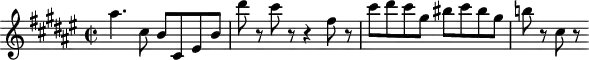 
\header {
  tagline = ##f
}

\score {
  \new Staff \with {

  }
<<
  \relative c'' {
    \key fis \major
    \time 2/2
    \tempo 2 = 68
    \override TupletBracket #'bracket-visibility = ##f 
    %\autoBeamOff
    \set Staff.midiInstrument = #"string ensemble 1"

     %%%%%%%%%%%%%%%%%%%%%%%%%% AB 3-4 th2
     ais'4. cis,8 b cis, eis b' dis'8 r8 cis r8 r4 fis,8 r8 cis' dis cis gis bis cis bis gis b!8 r8 cis,8 r8

  }
>>
  \layout {
    \context { \Score \remove "Metronome_mark_engraver"
    }
  }
  \midi {}
}
