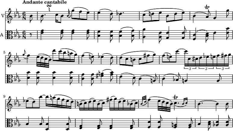 << \new Staff \with { instrumentName = #"V"}
\relative c'' {
\version "2.18.2"
\key ees \major
\tempo "Andante cantabile"
\time 6/8
\tempo 4 = 80
\partial 8 bes8
\transpose a bes \relative c'' <<
{ a8. b16 }
{
s8
\once \set suggestAccidentals = ##t
\once \override AccidentalSuggestion.outside-staff-priority = ##f
\once \override AccidentalSuggestion.avoid-slur = #'inside
\once \override AccidentalSuggestion.font-size = -3
\once \override AccidentalSuggestion.script-priority = -1
\single \hideNotes
gis32-\turn \noBeam
s32
} >> bes8 \grace bes32 ( g'8) (f ees)
ees4 (d8) des4.
c8 ( d! ees bes d ees)
bes4 (aes8\trill) g4 g'8
\grace g8 (f4) ees32 (d c bes)
d'8 c16 ( bes a g)
f4 (e8) ees4 (d8)
d (c b c fis g)
f (e) c' ~ \tuplet 3/2 {c16 c, cis} \tuplet 3/2 {d ees e} \tuplet 3/2 {f fis g}
ees!8 (d) bes' ~ bes16 a (g f ees d)
b16 (c) d (ees) b (c) fis (g) d (ees) bes (c)
\grace {bes32 (d} f4) (ees32 d c bes)
<<
{ c4.^\trill_( }
{ s4 \grace { bes16 ( c) } }
>>
bes4. ~ bes4 bes8
}
\new Staff \with { instrumentName = #"A "} \relative c' {
\key ees \major
\clef "alto"
\partial 8 r8
<ees g>4 <ees g>8 <ees g>4 <ees g>8
<bes f'>4 <bes f'>8 <bes f'>4 (<bes g'>8)
<aes aes'>4 <aes ees'>8 <g ees'>4 <g ees'>8
<f c'>4 (<bes d>8) ees4 <ees bes'>8
<d bes'>4 <d bes'>8 <d bes'>4 <d bes'>8
<c g'>4 <c g'>8 <fis a>4 (<g bes>8)
ees4 (d8) c4 (a8)
c4 (bes!8) a4 a8
bes4 bes8 <d, bes'>4 <d bes'>8
<ees g>4 <ees g>8 <ees g>4 <ees g>8
<f d'>4 <f d'>8 <f a>4 <f a>8
bes4 <bes d>8 <aes! d>4 <aes d>8
}
>>