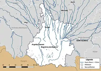 Carte des cours d'eau de longueur supérieure à 50&nbsp;km des Hautes-Pyrénées.