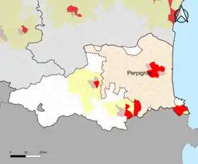 Localisation de l'aire d'attraction de Perpignan dans le département des Pyrénées-Orientales.