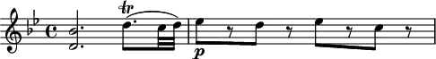 
\header {
  tagline = ##f
}

\score {
  \new Staff \with {

  }
<<
  \relative c'' {
    \key bes \major
    \time 4/4
    \override TupletBracket #'bracket-visibility = ##f 
    \autoBeamOff

     %%%%%%%%%%%%%%%%%%%%%%%%%% K22
    < bes d, >2. d8.\trill([ c32 d]) ees8\p[ r8 d8] r8 ees[ r8 c] r8
  }
>>
  \layout {
    \context {
      \remove "Metronome_mark_engraver"
    }
  }
  \midi {}
}
