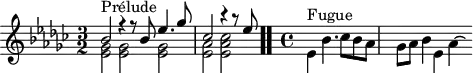 \version "2.18.2"
\header {
tagline = ##f
}
\score {
<<
\relative c' {
\key ees \minor
\time 3/2
\set Staff.midiInstrument = #"harpsichord"
%% INCIPIT CBT I-8, BWV 853, ré-dièse mineur
<< { s4*0^\markup{Prélude} bes'2 r4 r8 bes8 ees4. ges8 ces,2 r4 r8 ees8 } \\ { < ges, ees >2 q q | \once \override Staff.TimeSignature #'stencil = ##f \time 4/4 < aes ees > < ces aes ees > } >> \bar ".."
\skip 16*1
\override Staff.Clef.extra-offset = #'( -1 . 0 )
\time 4/4
s4*0^\markup{Fugue} \stemDown ees,4 bes'4. ces8 bes aes | \once \override Staff.TimeSignature #'stencil = ##f \time 5/4 ges aes bes4 ees, aes~ \hideNotes aes16
}
>>
\layout {
#(layout-set-staff-size 17)
\context { \Score \remove "Metronome_mark_engraver"
\override SpacingSpanner.common-shortest-duration = #(ly:make-moment 1/2)
}
}
\midi {}
}
