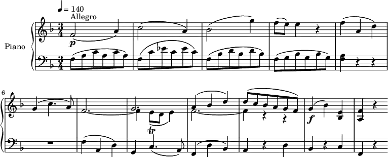 \version "2.14.2"
\header {
tagline = ##f
}
upper= \relative c' {
\clef treble
\key f \major
\time 3/4
\tempo 4 = 140
\set Staff.midiInstrument = #"piano"
f2\p^\markup { Allegro } (a4)
c2 (a4)
bes2 (g'4)
f8 (e) e4 r4
f4 (a, d)
g, (c4. a8)
<< {s2. g2.} \\ { \stemUp f2.~ \stemDown f4 e8\trill (d e4)} >> % attention les liaisons de tenues sont avec ~, celle de phrasé avec ()
<<{a4^(bes d) d8 (c bes a g f)} \\ { f2.~ f4 r4 r4 } >> % même problème liaison = ~ ; phrasé = ()
g4\f (bes) <bes, e>
<a f'> r4
}
lower=\relative c {
\clef bass
\key f \major
\numericTimeSignature
\time 3/4
f8 (a c a c a)
f8 (c' ees c ees c)
f,8 (bes d bes d bes)
f8 (g bes g bes g)
<f a>4 r4 r4
R2.
f4 (a, d)
g, c4. (a8)
f4 (d' bes)
a4 r4 d
bes r4
c f, r4
}
\score {
\new PianoStaff \with { instrumentName = #"Piano" }
<<
\new Staff = "upper" \upper
\new Staff = "lower" \lower
>>
\layout { }
\midi { } }