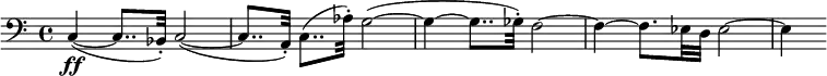 \version "2.14.2"
\relative c {
\clef bass
\time 4/4
\set Score.tempoHideNote = ##t
\tempo 8 = 100
c4\ff( ~ c8.. bes32-.) c2( ~
c8.. a32-.) c8..( aes'32-.) g2( ~
g4 ~ g8.. ges32-.) f2 ~
f4 ~ f8. ees32 d ees2 ~
ees4
}