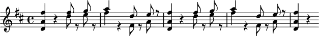 \header {
tagline = ##f
}
\score {
\new Staff \with {
}
<<
\relative c'' {
\key d \major
\time 4/4
\override TupletBracket #'bracket-visibility = ##f
\autoBeamOff
%%%%%%%%%%% K 97 - silence à monter
< d, a' fis' >4 r4
<< { fis'8 s8 g8 s8 a4 s4 d,8 s8 e8 r8 } \\ { d8 r8 e8 r8 fis4 r4 fis,8 r8 a8 s8 } >>
< d, a' fis' >4 r4
<< { fis'8 s8 g8 s8 a4 s4 d,8 s8 e8 r8 } \\ { d8 r8 e8 r8 fis4 r4 fis,8 r8 a8 s8 } >>
< d, a' fis' >4 r4
}
>>
\layout {
\context {
\remove "Metronome_mark_engraver"
}
}
\midi {}
}