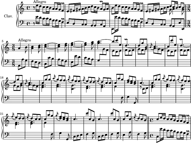 \version "2.18.2"
\header {
tagline = ##f
% composer = "Domenico Scarlatti"
% opus = "K. 265"
% meter = "Allegro"
}
%% les petites notes
trillF = { \tag #'print { f4\prall } \tag #'midi { g32 f g f~ f8 } }
trillA = { \tag #'print { a8\prall } \tag #'midi { b32 a b a } }
trillDp = { \tag #'print { d4.\prall~ } \tag #'midi { e32 d e d~ d4~ } }
upper = \relative c'' {
\clef treble
\key a \minor
\time 4/4
\tempo 4 = 88
\set Staff.midiInstrument = #"harpsichord"
\override TupletBracket.bracket-visibility = ##f
s8*0^\markup{Allegro}
r8 e16 d c8 c16 b a8 a16 g \trillF | e8 fis16 gis a8 b16 c d8 c16 b \trillA gis16 a | b8 e16 d c8 c16 b a8 a16 g \trillF |
% ms. 4
e8 fis16 gis a8 b16 c << { d8 c16 b c8 b } \\ { gis8 a4 gis8 } >> \bar "||" \time 3/8
% ms. 5
a4^\markup{Allegro} b8 | < a c >4 < b d >8 | < c e >4.~ | q4 < d f >8 | < e g >4.~
% ms. 10
q4 < f a >8 | < g b >4.~ | \stemUp b8 c e, | \trillDp | d8 g b, | \acciaccatura b8 c4.~ c8 c' e, | \trillDp |
% ms. 18
d8 g b, | \appoggiatura b16 c4.~ | c8 g' g | \acciaccatura a8 g8 f f | \acciaccatura g8 f e e | \acciaccatura f8 e8 d d | \acciaccatura e8 d8 c c |
% ms. 25
c8 a' g | < d f >8 < c e > < b d > | c4.~ | c8 g' g | \acciaccatura a8 g8 f f | \acciaccatura g8 f e e | \acciaccatura f8 e8 d d |
% ms. 32
\acciaccatura e8 d8 c c | c8 a' g | \acciaccatura g8 < d f >8 < c e > < b d > | c4. | c'8 c, b | c4. | c'8 c, b |
% ms. 39
c8 g' c, | \acciaccatura e8 d8 \tempo 4. = 76 c \tempo 4 = 64 b \tempo 4 = 88 | c8 e16 d c8 c16 b a8 a16 g \trillF |
}
lower = \relative c' {
\clef bass
\key a \minor
\time 4/4
\set Staff.midiInstrument = #"harpsichord"
\override TupletBracket.bracket-visibility = ##f
% ************************************** \appoggiatura a16 \repeat unfold 2 { } \times 2/3 { } \omit TupletNumber
r8 e16 d c8 c16 b a8 a16 g \trillF | e8 d c c b b c a | e e''16 d c8 c16 b a8 a16 g \trillF |
% ms. 4
e8 d c c b a \tempo 4 = 76 e' \tempo 4 = 64 e, | \tempo 4. = 90 \time 3/8 a8 a' g | f e d | c c' b | a g f | e e' d |
% ms. 10
c8 b a | g \stemDown \change Staff = "upper" g' f | \repeat unfold 2 { e d e | f e f | g f g | a g f } |
% ms. 20
< e g >4. < f a > < c g' > < d f > < e g >
% ms. 25
f4 \stemNeutral \change Staff = "lower" f,8 | g4 g,8 | \stemDown \change Staff = "upper" r8 c'8 d | < e g >4. < f a > < c g' > < d f >
% ms. 32
< e g >4. | f4 \stemNeutral \change Staff = "lower" f,8 | g4 g,8 | \repeat unfold 2 { c8 d e | f4 g8 } |
% ms. 39
e4 a8 | f4 g8 \bar "||" \time 4/4 \tempo 4 = 88
% ms. 41
c,8 e'16 d c8 c16 b a8 a16 g \trillF |
}
thePianoStaff = \new PianoStaff <<
\set PianoStaff.instrumentName = #"Clav."
\new Staff = "upper" \upper
\new Staff = "lower" \lower
>>
\score {
\keepWithTag #'print \thePianoStaff
\layout {
#(layout-set-staff-size 17)
\context {
\Score
\override SpacingSpanner.common-shortest-duration = #(ly:make-moment 1/2)
\remove "Metronome_mark_engraver"
}
}
}
\score {
\keepWithTag #'midi \thePianoStaff
\midi { }
}