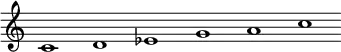 \relative c' {\override Score.BarLine.stencil = ##f \override Score.TimeSignature.stencil = ##f c1 d ees g a c}