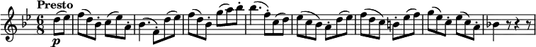 \version "2.18.2"
\relative c'' {
\key bes \major
\time 6/8
\tempo "Presto "
\tempo 4 = 160
\partial 4 d8 \p (ees)
f (d) bes-. c (ees) a,-.
bes4. (f8-.) d' (ees)
f (d) bes-. g' (a) bes-.
bes4. (f8-.) c (d)
ees (c bes) a-. d (ees)
f (d c) b-. ees (f)
g (ees) c-. ees (c) a-.
bes!4 r8 r4 r8
}