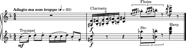 
{  \new PianoStaff << \relative fis {
  \clef "treble" \numericTimeSignature\time 4/4 \key f \major | % 1
  \tempo "Adagio ma non troppo" 4=63 R1 | % 2
  \once \omit TupletBracket
  \times 4/6 {
    \stemUp <fis d'>16 _. [ _\f ^ "Clarinets" \stemUp <g dis'>16 _.
    \stemUp <gis e'>16 _. \stemUp <a f'>16 _. \stemUp <bes fis'>16
    _. \stemUp <b g'>16 _. ] }
  \stemUp <c gis'>4 \times 2/3 {
    \grace { \stemUp e'16*3/2 ( [ \stemUp f16*3/2 \stemUp g16*3/2 )
      ] } \stemDown as8 ^. ^
    "Flutes" [ \grace { \stemUp g16*3/2 ( [ \stemUp
      as16*3/2 \stemUp bes16*3/2 ) ] } \stemDown b8 ^. ] d,8 \rest }
  \acciaccatura { \stemUp <f d'>16 ( } \stemDown <as e'>8 ) ^> r8 \bar
  "|."
  }
  \new Staff \relative bes' {
  \clef "treble" \numericTimeSignature\time 4/4 \key f \major | % 1
  \stemDown bes8. ( [ _\mf ^ "Trumpet" \stemDown c16 ) ] \stemDown d8
  ^. [ \stemDown d8 ^. ] \stemDown c16 ( [ \stemDown bes16 \stemDown c16
  \stemDown d16 ) ] \stemUp bes8 _. [ \stemUp f8 _. ] | % 2
  \stemUp <fis c'>8 _> _\f r8 r4 \times 2/3 {
    \stemDown <as as'>8 ^. [ ^ "Str." \stemDown <b b'>8 ^. ] d8
    \rest }
  \stemDown <f as d f>4 ^ "Harp" \bar "|."
  } >> }
  