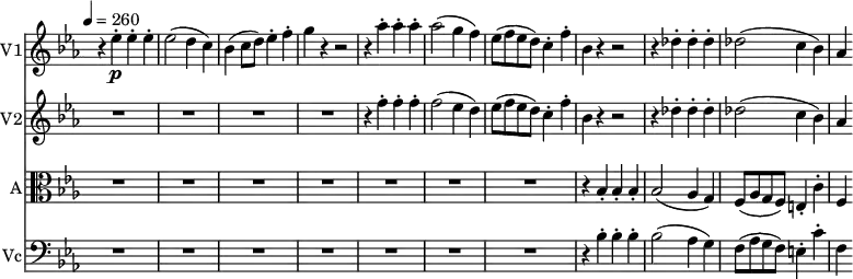 
\version "2.18.2"
 << \new Staff \with { instrumentName = #"V1"}
 \relative c'' {
    \key ees \major 
    \time 2/2
    \omit Staff.TimeSignature  
    \tempo 4 = 260
    \set Score.currentBarNumber = #5

     r4 ees4-. \p ees-. ees-.
     ees2 (d4 c)
     bes (c8 d) ees4-. f-. 
     g r r2
     r4 aes4-. aes-. aes-.
     aes2 (g4 f)
     ees8 (f ees d) c4-. f-.
     bes, r r2
     r4 des4-. des-. des-.
     des2 (c4 bes)
     aes
 }
 \new Staff \with { instrumentName = #"V2"}
  \relative c'' {
    \key ees \major
    \time 2/2
    \omit Staff.TimeSignature 
   
    \repeat unfold 4 {R1}
    r4 f4-. f-. f-.
    f2 (ees4 d)
    ees8 (f ees d)
    c4-. f-. 
    bes, r r2
    r4 des-. des-. des-. des2 (c4 bes)
    aes4
    
  }
 \new Staff \with { instrumentName = #"A"}
  \relative c'' {
    \clef "alto"
    \key ees \major
     \time 2/2
    \omit Staff.TimeSignature

     \repeat unfold 7 {R1}
     r4 bes,-. bes-. bes-.
     bes2 (aes4 g)
     f8 (aes g f) e4-. c'-.
     f,
  }
 \new Staff \with { instrumentName = #"Vc"}
  \relative c' {
    \clef "bass"
    \key ees \major
     \time 2/2
    \omit Staff.TimeSignature
 
     \repeat unfold 7 {R1}
     r4 bes-. bes-. bes-.
     bes2 (aes4 g)
     f8 (aes g f) e4-. c'-.
     f,
  }
  >>
