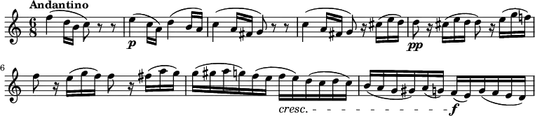 \relative c'' {
\version "2.18.2"
\clef "treble"
\tempo "Andantino"
\key c \major
\time 6/8
f4 (d16 b c8) r8 r8
e4 \p (c16 a) d4 (b16 a)
c4 (a16 fis g8) r8 r8
c4 (a16 fis g8) r16 cis16 (e d)
d8 \pp r16 cis16 (e d d8) r16 e16 (g f!)
f8 r16 e16 (g f) f8 r16 fis16 (a g)
g (gis a g) f (e f\cresc e) d (c d c)
b (a g gis) a (g) f\f (e) g (f e d)
}