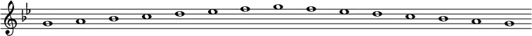 \new Staff {
\relative c'' {
\key g \minor
\override Staff.TimeSignature #'stencil = ##f
\override Staff.BarLine #'stencil = ##f
g1 a bes c d es f g f es d c bes a g
}
}
\midi {
\context {
\Score
tempoWholesPerMinute = #(ly:make-moment 120 1)
}
}