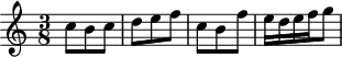 \header {
tagline = ##f
}
\score {
\new Staff \with {
}
<<
\relative c'' {
\key c \major
\time 3/8
\override TupletBracket #'bracket-visibility = ##f
%\autoBeamOff
%%%%%%% K15s
c8 b c d e f c b f' e16 d e f g8
}
>>
\layout {
\context {
\remove "Metronome_mark_engraver"
}
}
\midi {}
}