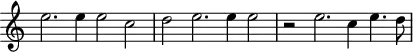 \header {
tagline = ##f
}
\score {
\new Staff \with {
\remove "Time_signature_engraver"
}
<<
\relative c'' {
\key c \major
%\clef bass
\time 4/2
\override TupletBracket #'bracket-visibility = ##f
%%% f° 59-60
e2. e4 e2 c d e2. e4 e2 r2 e2. c4 e4. d8
}
>>
\layout {
\context { \Score \remove "Metronome_mark_engraver" }
}
\midi {}
}