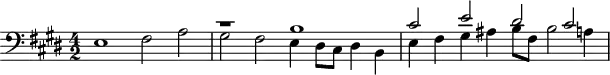 
\version "2.18.2"
\header {
  tagline = ##f
}

\score {
  \new Staff \with {

  }
<<
  \relative c {
    \clef bass
    \key e \major
    \time 4/2
    \tempo 2 = 58
    \set Staff.midiInstrument = #"harpsichord" 

     %%
     e1 fis2 a 
     << { r1 b1 cis2 e dis2 cis } \\ { gis fis e4 dis8 cis dis4 b e fis gis ais b8 fis b2 a!4 } >>  

  }
>>
  \layout {
     \context { \Score \remove "Metronome_mark_engraver" }
  }
  \midi {}
}
