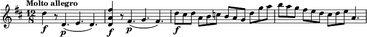 \relative c' {
\version "2.18.2"
\tempo "Molto allegro"
\key d \major
\time 12/8
\tempo 4 = 180
d'4\f r8 d,4.\p (e4. d4.) <d a' fis'>4\f r8 fis4.\p (g4. fis4.)
d'8\f cis d a b c b a g d' g a
b a g fis e d cis d e a,4.
}