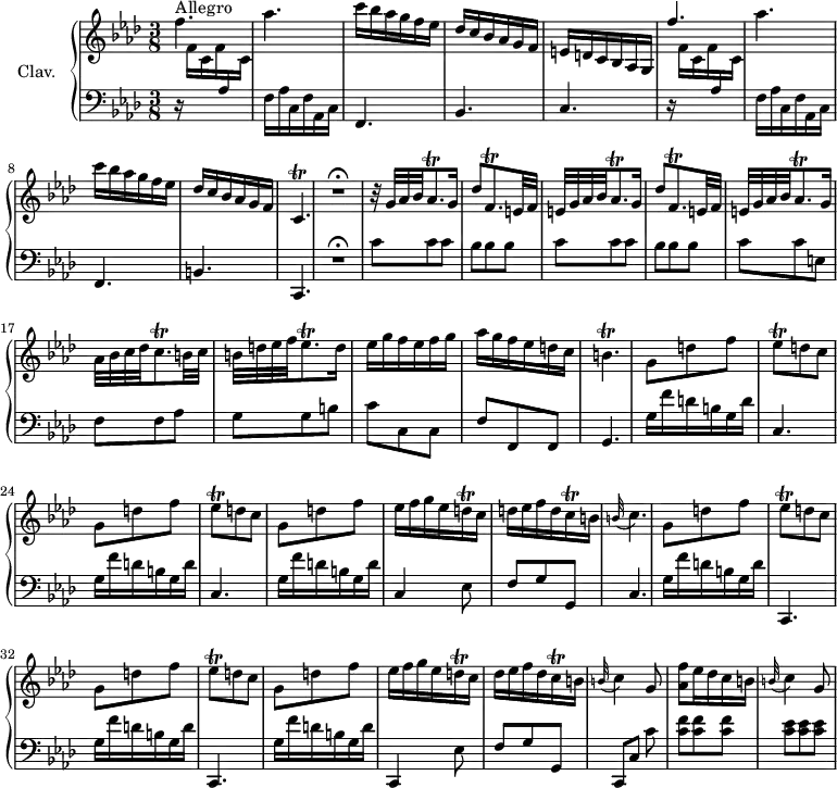
\version "2.18.2"
\header {
  tagline = ##f
  % composer = "Domenico Scarlatti"
  % opus = "K. 50"
  % meter = "Allegro"
}

%% les petites notes
trillCp        = { \tag #'print { c4.\trill } \tag #'midi { \repeat unfold 4 { des32 c~ } c8 } }
trillAesqp     = { \tag #'print { aes8.\trill } \tag #'midi { bes32 aes bes aes~ aes16 } }
trillDqpDown   = { \tag #'print { f,8.\trill } \tag #'midi { g32 f g f~ f16 } }
trillBp        = { \tag #'print { b4.\trill } \tag #'midi { \repeat unfold 4 { c32 b~ }   \tempo 4. = 36 b8   \tempo 4. = 66 } }
trillAesqp     = { \tag #'print { aes8.\trill } \tag #'midi { bes32 aes bes aes~ aes16 } }
trillCqp       = { \tag #'print { c8.\trill } \tag #'midi { des32 c des c~ c16 } }
trillEesq      = { \tag #'print { ees8\trill } \tag #'midi { f32 ees f ees } }
trillCqq       = { \tag #'print { c16\trill } \tag #'midi { \times 2/3 { c32 d c } } }
trillDqq       = { \tag #'print { d16\trill } \tag #'midi { \times 2/3 { d32 ees d } } }
appoCq         = { \tag #'print { \appoggiatura  b32 c4. } \tag #'midi { b8  \tempo 4. = 42 c4   \tempo 4. = 66 } }
appoC          = { \tag #'print { \appoggiatura  b32 c4 } \tag #'midi { b8 c8 } }

upper = \relative c'' {
  \clef treble 
  \key f \minor
  \time 3/8
  \tempo 4. = 66
  \set Staff.midiInstrument = #"harpsichord"
  \override TupletBracket.bracket-visibility = ##f

      s8*0^\markup{Allegro}
      f4. | aes | c16 bes aes g f ees | des c bes aes g f | e d c   bes aes g |  \stemUp f''4. | \stemNeutral
      % ms. 7
      aes4. | c16 bes aes g f ees | des c bes aes g f | \trillCp | R4.\fermata | r32 g' aes bes \trillAesqp g16 |  \repeat unfold 2 { des'8 \trillDqpDown e32 f |
      % ms. 14
      e32 g aes bes \trillAesqp g16 } | aes32 bes c des \trillCqp b32 c | b d ees f ees8.\trill d16 | ees g f ees f g 
      % ms. 20
      aes g f ees d c | \trillBp | g8 d' f | \repeat unfold 2 { \trillEesq d8 c | g d' f } |
      % ms. 27
      ees16 f g ees \trillDqq c16 | d ees f d \trillCqq b16 | \appoCq | g8 d' f | \repeat unfold 2 { \trillEesq d8 c | g d' f } |
      % ms. 34
      ees16 f g ees \trillDqq c16 | des ees f des \trillCqq b16 | \appoC g8 | < aes f' >8 ees'16 des c b | \appoC g8 |

}

lower = \relative c' {
  \clef bass
  \key f \minor
  \time 3/8
  \set Staff.midiInstrument = #"harpsichord"
  \override TupletBracket.bracket-visibility = ##f

    % ************************************** \appoggiatura a16  \repeat unfold 2 {  } \times 2/3 { }   \omit TupletNumber 
      r16 \stemDown \change Staff = "upper" f16 c f  \stemUp \change Staff = "lower"  aes, \stemDown \change Staff = "upper" c \stemNeutral \change Staff = "lower" f, aes c, f aes, c | f,4. | bes | c | r16 \stemDown \change Staff = "upper" f'16 c f  \stemUp \change Staff = "lower"  aes, \stemDown \change Staff = "upper" c \stemNeutral \change Staff = "lower" | 
      % ms. 7
      f,16 aes c, f aes, c | f,4. | b | c, | R4.\fermata | \repeat unfold 2 { c''8 c c | bes bes bes } |
      % ms. 16
      c8 c e, | f f aes | g g b | c c, c | 
      % ms. 20
      f8 f, f | g4. | \repeat unfold 2 { g'16 f' d b g d' | c,4. } | g'16 f' d b g d' |
      % ms. 27
      c,4 ees8 | f g g, | c4. | \repeat unfold 2 { g'16 f' d b g d' | c,,4. } |
      % ms. 34
      g''16 f' d b g d' | c,,4 ees'8 | f g g,  | c,[ \tempo 4. = 36 c'] \tempo 4. = 66 c'  | < c f > q q | < c ees > q q |

}

thePianoStaff = \new PianoStaff <<
    \set PianoStaff.instrumentName = #"Clav."
    \new Staff = "upper" \upper
    \new Staff = "lower" \lower
  >>

\score {
  \keepWithTag #'print \thePianoStaff
  \layout {
      #(layout-set-staff-size 17)
    \context {
      \Score
     \override SpacingSpanner.common-shortest-duration = #(ly:make-moment 1/2)
      \remove "Metronome_mark_engraver"
    }
  }
}

\score {
  \keepWithTag #'midi \thePianoStaff
  \midi { }
}
