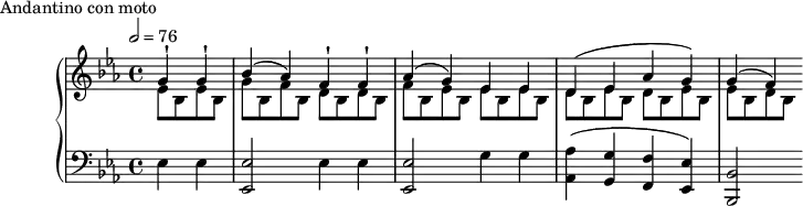 \version "2.18.2"
\header {
tagline = ##f
}
upper = \relative c'' {
\clef treble
\key ees \major
\time 4/4
\tempo 2 = 76
\override TupletBracket.bracket-visibility = ##f
%%Montgeroult — Étude 17 (pdf p. 48)
\partial 2
<< { g4-! g-! bes^( aes) f-! f-! aes( g) ees ees d^( ees aes g) g^( f) } \\ { \repeat unfold 2 { ees8 bes } | g'8 bes, f' bes, \repeat unfold 2 { d8 bes } f' bes, ees bes \repeat unfold 2 { ees8 bes } | \repeat unfold 2 { d8 bes ees bes } ees8 bes d bes } >>
}
lower = \relative c {
\clef bass
\key ees \major
\time 4/4
\repeat unfold 2 { ees4 ees < ees ees, >2 }
g4 g < aes aes, >4( < g g, > < f f, > < ees ees, >) < bes bes, >2
}
\header {
piece = "Andantino con moto"
}
\score {
\new PianoStaff <<
\new Staff = "upper" \upper
\new Staff = "lower" \lower
>>
\layout {
\context {
\Score
}
}
\midi { }
}