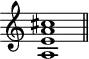 \header {
tagline = ##f
}
\score {
\new Staff \with {
\remove "Time_signature_engraver"
}
\relative c'' {
\key c \major
\time 9/1
\tempo 1 = 60
\autoBeamOff
\clef treble
\override Rest #'style = #'classical
<< a,1 e' a cis >>
\bar "||"
}
\layout {
\context {
\Score
\remove "Metronome_mark_engraver"
}
}
\midi {}
}
