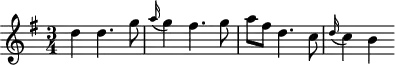 
\header {
  tagline = ##f
}

\score {
  \new Staff \with {

  }
<<
  \relative c'' {
    \key g \major
    \time 3/4
    \override TupletBracket #'bracket-visibility = ##f 
    \autoBeamOff

     %%%%%%%%%%% K 80
     d4 d4. g8 \grace a16( g4) fis4. g8 a[ fis] d4. c8 \grace d16( c4) b

  }
>>
  \layout {
    \context {
      \remove "Metronome_mark_engraver"
    }
  }
  \midi {}
}
