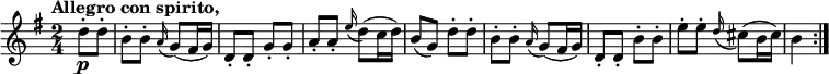 \relative c' {
\version "2.18.2"
\key g \major
\tempo "Allegro con spirito,"
\time 2/4
\tempo 4 = 140
\partial4 d'8-.\p d-.
b-. b-. \grace a16 (g8) (fis16 g)
d8-. d-. g-. g-.
a-. a-. \grace e'16 (d8) (c16 d)
b8 (g) d'8-. d-.
b-. b-. \grace a16 (g8) (fis16 g)
d8-. d-. b'-. b-.
e-. e-. \grace d16 (cis8) (b16 cis)
b4 \bar ":|."
}