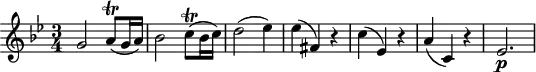 \header {
tagline = ##f
}
\score {
\new Staff \with {
}
<<
\relative c'' {
\key bes \major
\time 3/4
\override TupletBracket #'bracket-visibility = ##f
%\autoBeamOff
%%%%%%%%%%%%%%%%%%%%%%%%%% K312/590d
g2 a8\trill( g16 a) bes2 c8\trill( bes16 c) d2( ees4) ees( fis,) r4 c'( ees,) r4 a( c,) r4 ees2.\p
}
>>
\layout {
\context {
\remove "Metronome_mark_engraver"
}
}
\midi {}
}