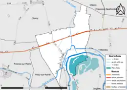 Carte en couleur présentant le réseau hydrographique de la commune