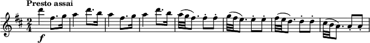 \relative c'' {
\version "2.18.2"
\key d \major
\tempo "Presto assai"
\time 2/4
\tempo 4 = 170
d'4\f fis,8. g16
a4 d8. b16
a4 fis8. g16
a4 d8. b16
a32 (g fis8.) fis8-. fis-.
g32 (fis e8.) e8-. e-.
fis32 (e d8.) d8-. d-.
cis32 (b a8.) a8-. a-.
}